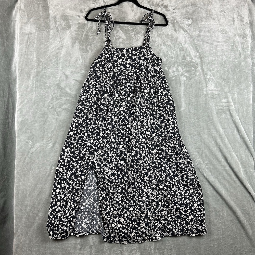 Old Navy Midi Swing Dress Women's M Black White Floral Tie Shoulder Split Front
